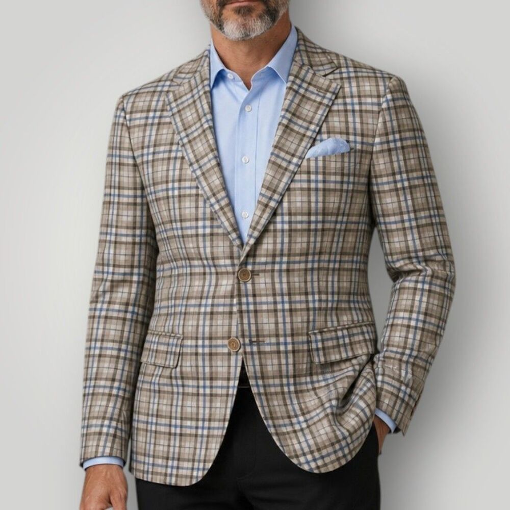 TALLIA Mens Blazer Sport Coat Two Button Jacket 38S LINEN Blue/Tan Plaid $295